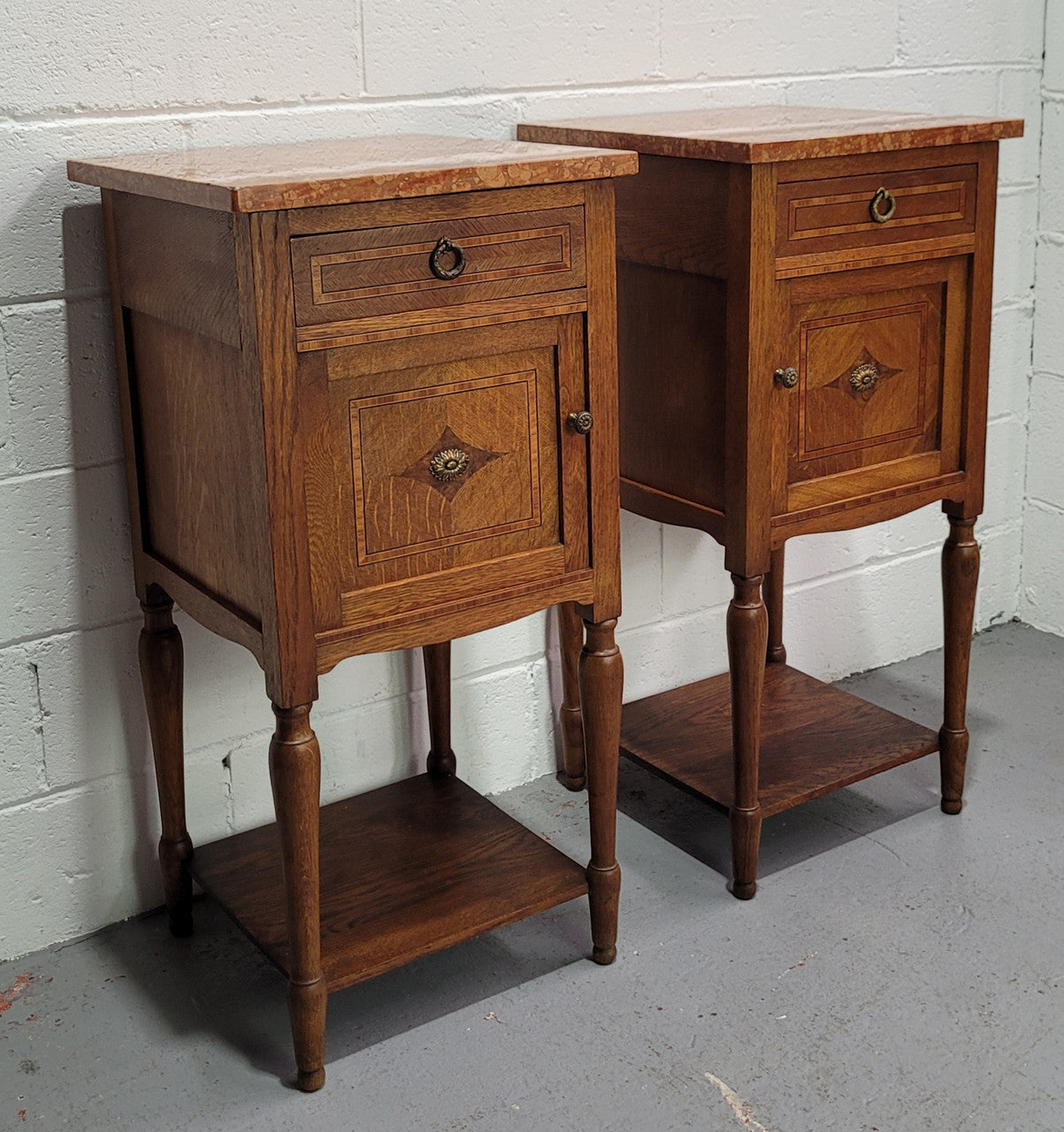 Pair of Louis XVI Style Oak Inlaid Marble Top Bedsides