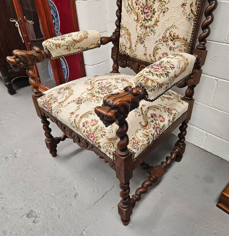 Early 19th Century French renaissance beautifully carved chair with stunning new upholstery. In good original condition with new upholstery.