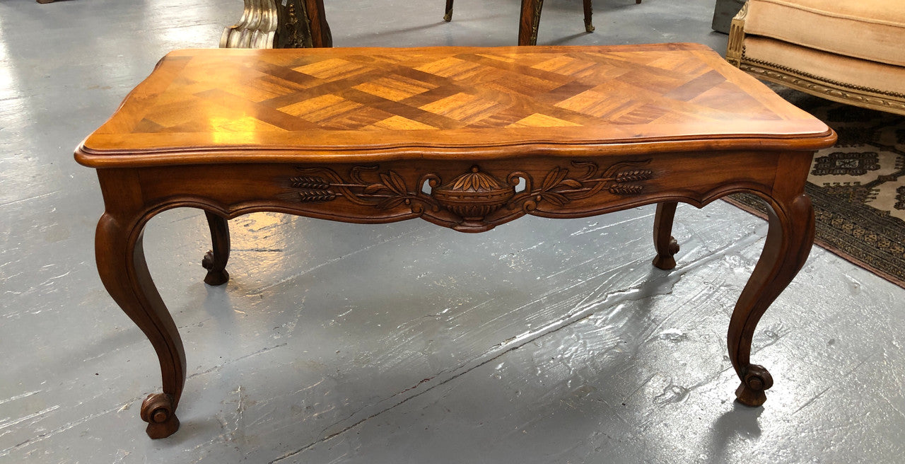 French Walnut parquetry top coffee table. In good original detailed condition. Circa: 1950's