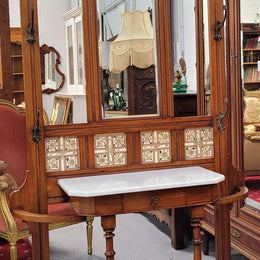 Late Victorian Arts and Crafts style marble top hall stand. Features three attractive tiles, original hooks and single drawer. In good original condition.