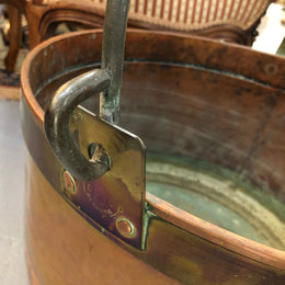French Antique Copper pot with a lovely brass band and has a handle in good original condition.