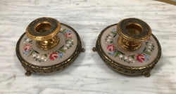 Pair Of Petit Point & Gilt Metal Dressing Table Vintage Candle Holders | Antique & Vintage | Moonee Ponds Antiques | Australia Wide Delivery