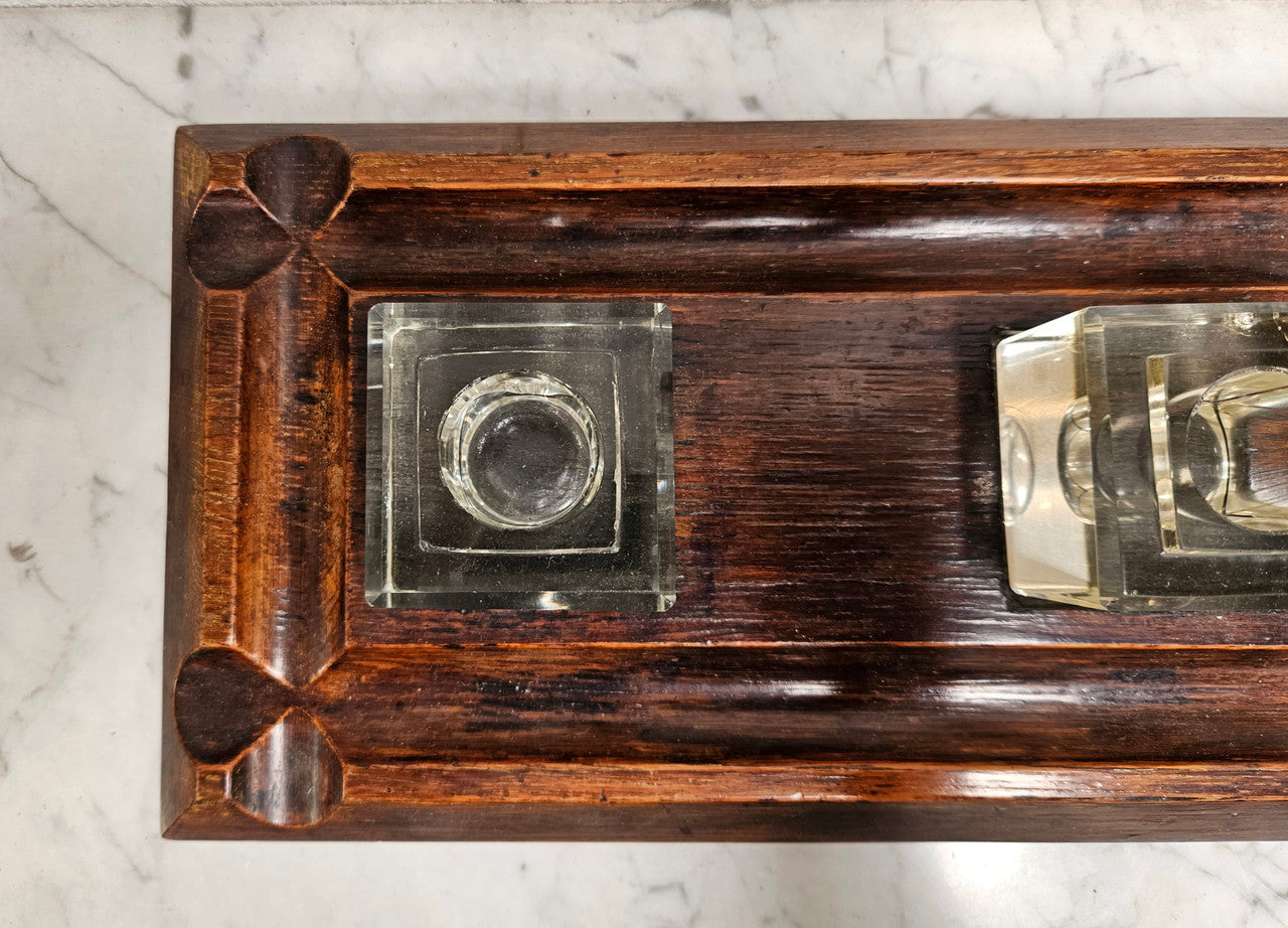 Edwardian Desk & Double Ink & Pen Holder on Wooden Stand.  Original Condition. It has been sourced from France and is in good original detailed condition.Edwardian Desk & Double Ink & Pen Holder on Wooden Stand.  Original Condition. It has been sourced from France and is in good original detailed condition.