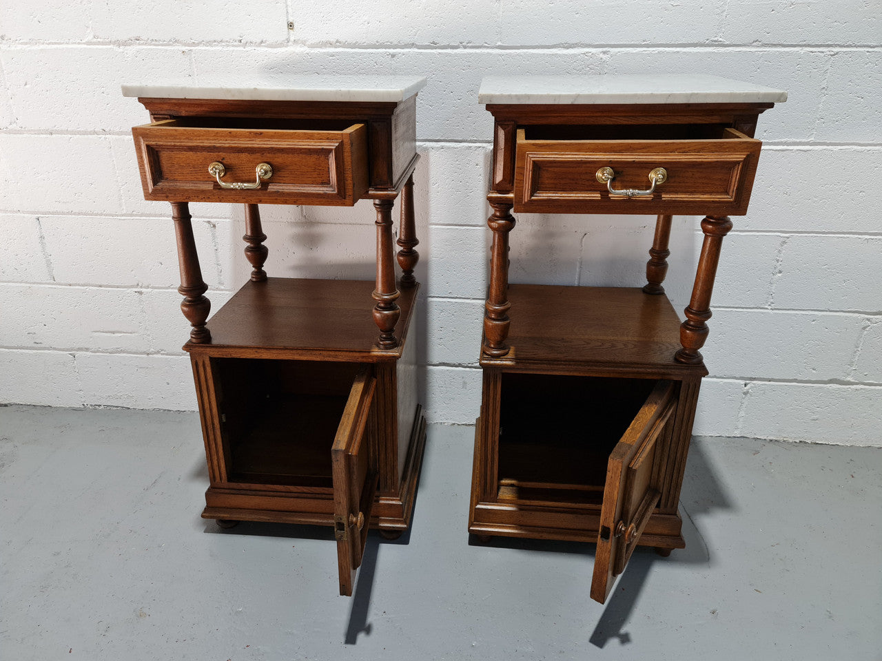Pair of French Oak Marble Top Open Shelf Bedside Cabinets | Antique & Vintage | Moonee Ponds Antiques | Australia Wide Delivery