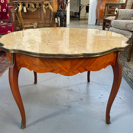 French Louis XV style marquetry inlaid marble top coffee table. In good original detailed condition.