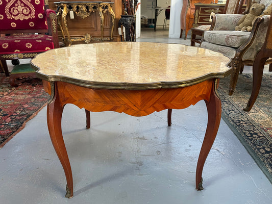 French Louis XV style marquetry inlaid marble top coffee table. In good original detailed condition.