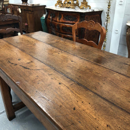 19th Century French three meter Farmhouse table with a beautiful original rustic top. In very good original detailed condition.