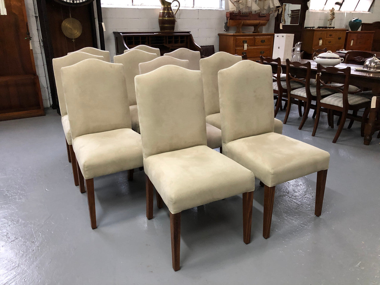 Custom Made Ivory Suede Covered Hardwood Set Of 10 Dining Chairs | Antique & Vintage | Moonee Ponds Antiques | Australia Wide Delivery