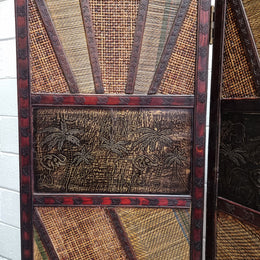 Vintage three panel room divider with elephants made from rattan and wood. It has been sourced locally and is in good original condition.