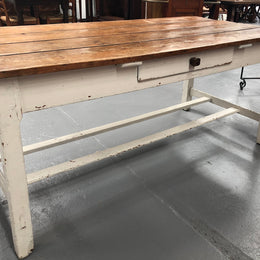 Early Victorian Pine table/desk with drawer on one side and white painted base. This would make an ideal desk for someone who needs plenty of space to work or an ideal dinning table for a small area. In good original detailed condition.
