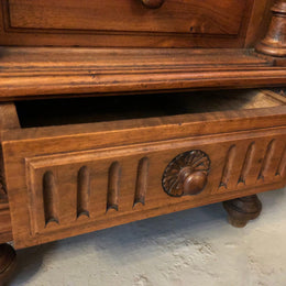 Henry II style Walnut inset marble top single bedside. Plenty of storage space with 4 drawers and a small cupboard space. In good original detailed condition.