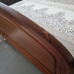 Fabulous French Walnut queen size bed with lovely detail and comes with custom made slates. It is in good original detailed condition.