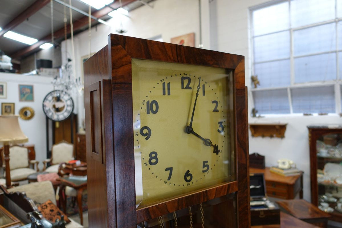 Art Deco Figured Walnut Grandfather Clock | Antique & Vintage | Moonee Ponds Antiques | Australia Wide Delivery