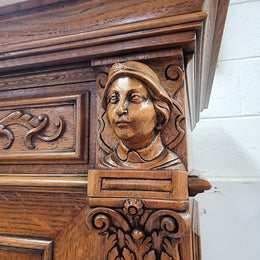 Impressive and grand French Oak Renaissance style sideboard. Beautifully detailed carvings and plenty of storage with three very large cupboards with a total of eight adjustable shelves along with three large drawers. It has been sourced from France and is in very good original detailed condition.