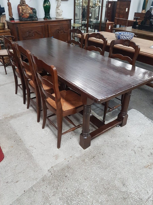 A late 20th century French oak refectory dining table, can seat eight people comfortably and in good original condition.