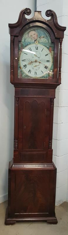Late Georgian Flame Mahogany Case Moon Phase Dial Grandfather Clock | Antique & Vintage | Moonee Ponds Antiques | Australia Wide Delivery