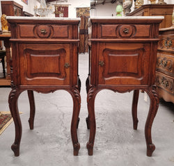 Elegant French Louis XV Style Pair of Carved Oak Mable Top Bedsides | Antique & Vintage | Moonee Ponds Antiques | Australia Wide Delivery