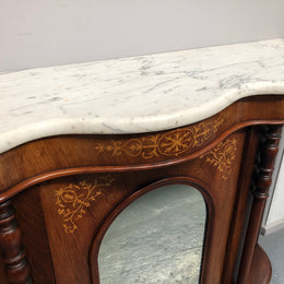 Petite Victorian Marble Top Sideboard-Credenza With Beautiful Marquetry Inlay
