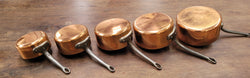 Set of Five Copper Sauce Pans With Foundry Stamp | Antique & Vintage | Moonee Ponds Antiques | Australia Wide Delivery