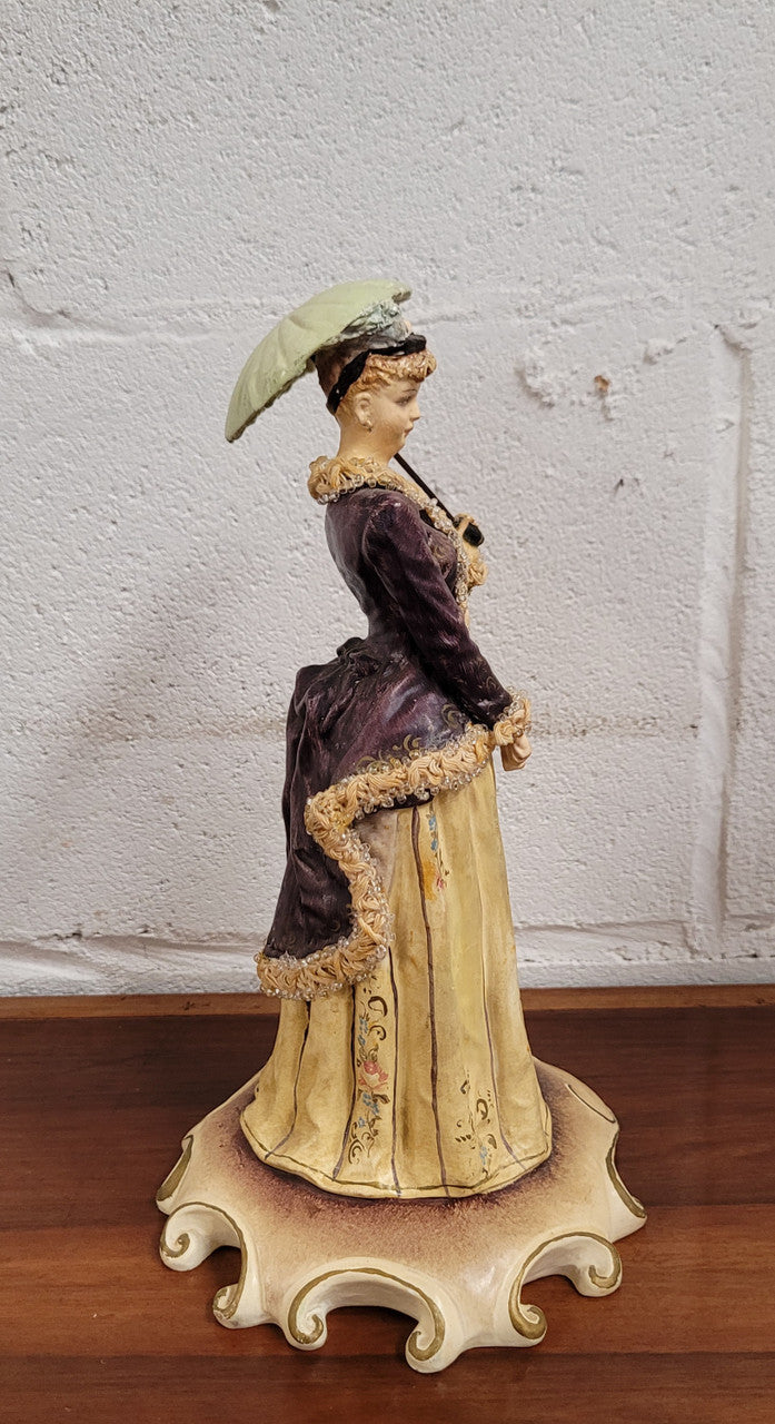 Vintage Italian figurine of lady holding umbrella signed. Sourced locally and in good original condition, please view photos as they help form part of the description.