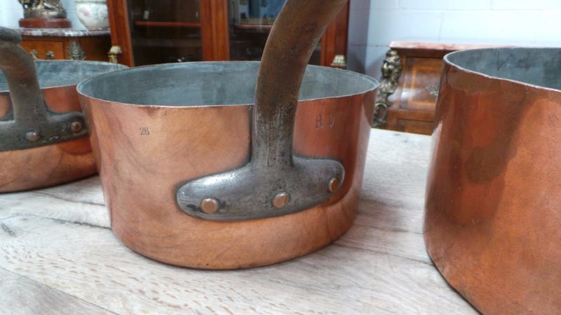 Fabulous set of six French antique copper and iron saucepans in good original condition.