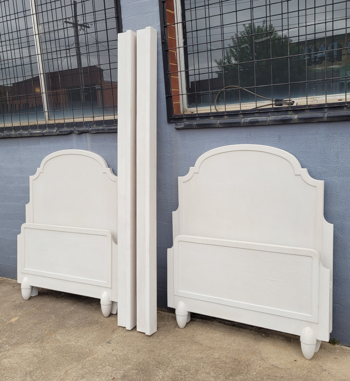 Two attractive vintage French chalk painted king single Art Deco beds. They have been sourced from France and are in good original condition.
