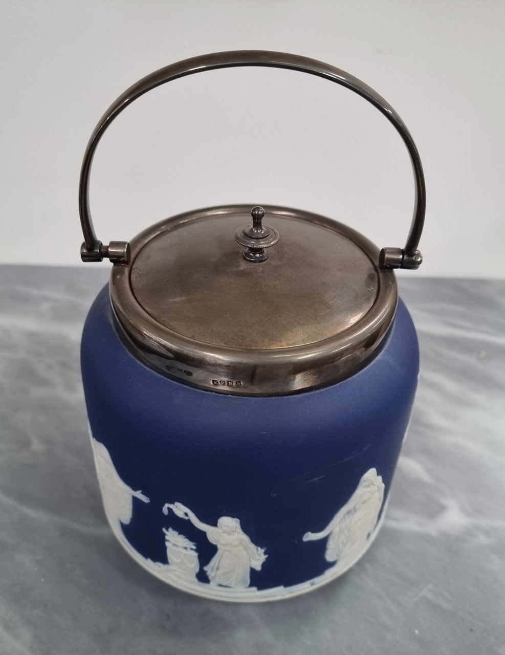 Wedgwood Blue Adam's Jasperware Biscuit Barrel