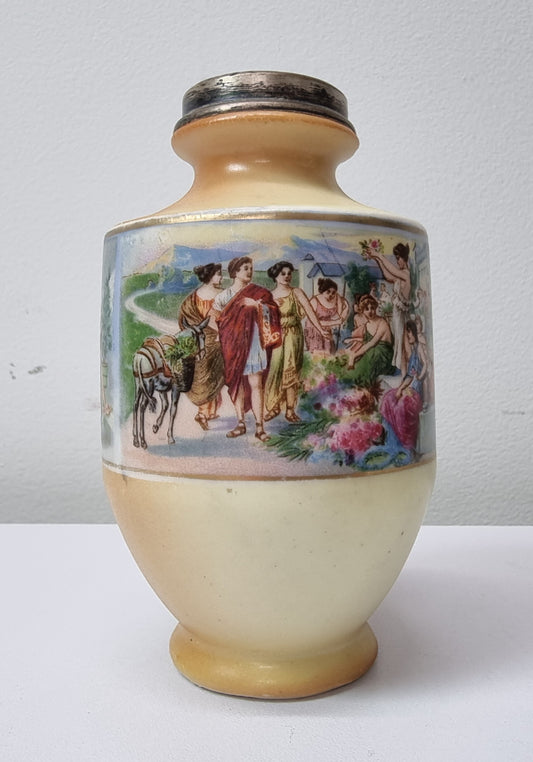 Antique silver top vase with interesting scenes. Please view photos as they form part of the description. In good original condition.
