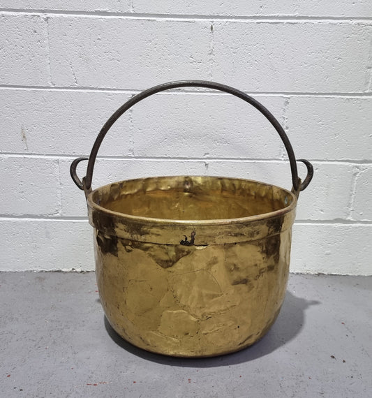 Antique French brass firewood handled bucket. In good original detailed condition.