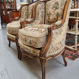 Pair of amazing French Walnut tapestry covered armchairs. The tapestry is in very good condition, please view photos as they form part of the description. Sourced from France and is in good original detailed condition.
