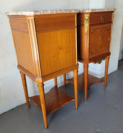 Pair of Louis XVI Style Mahogany Marquetry Inlaid Marble Top Bedside Cabinets | Antique & Vintage | Moonee Ponds Antiques | Australia Wide Delivery