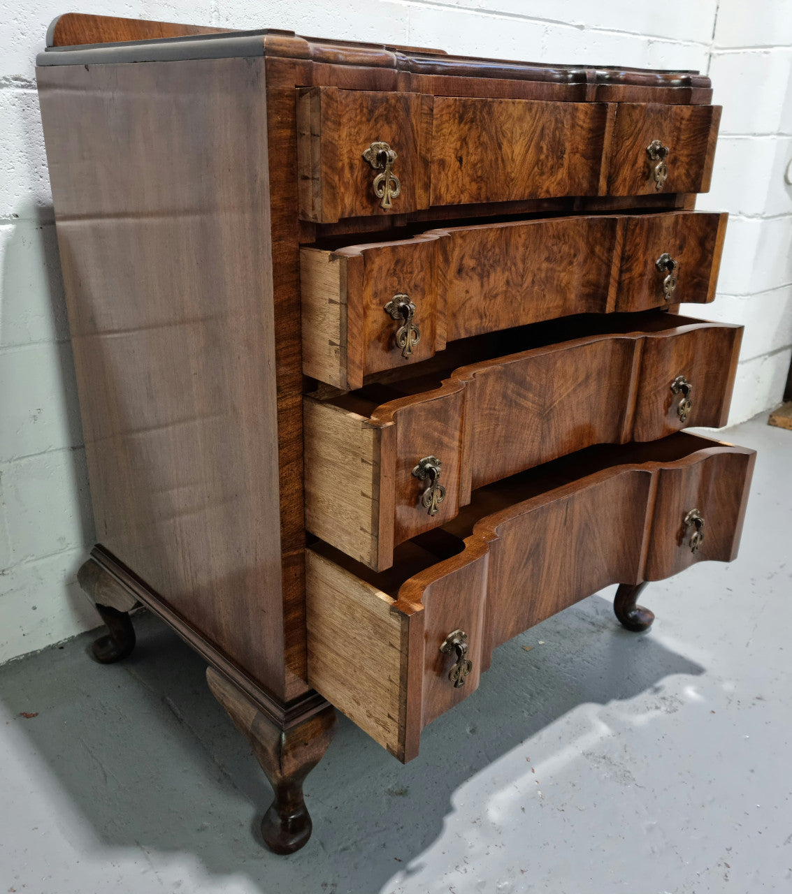 Antique English Figured Walnut Inverted Serpentine Fronted Chest of Drawers | Antique & Vintage | Moonee Ponds Antiques | Australia Wide Delivery