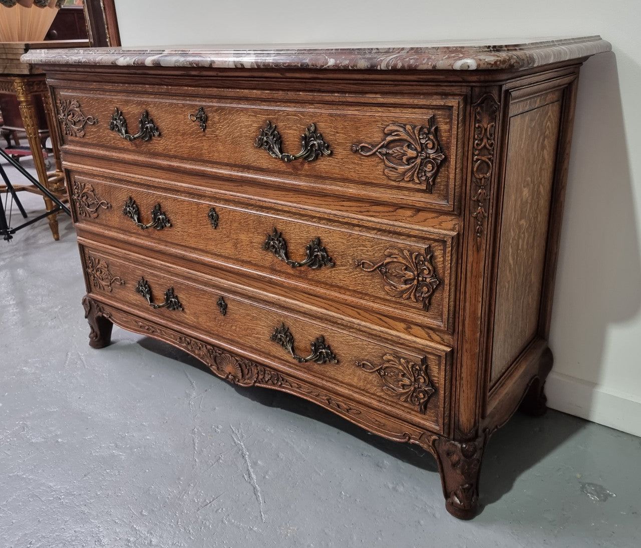 French Louis XV Style Three Drawer Oak Marble Top Commode | Antique & Vintage | Moonee Ponds Antiques | Australia Wide Delivery