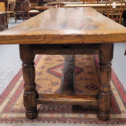 Large impressive 19th century 2.5 meter Antique French Oak farmhouse table. Loads of character with a stunning solid thick top and has a long drawer at one end. Sourced from France and in good original detailed condition.