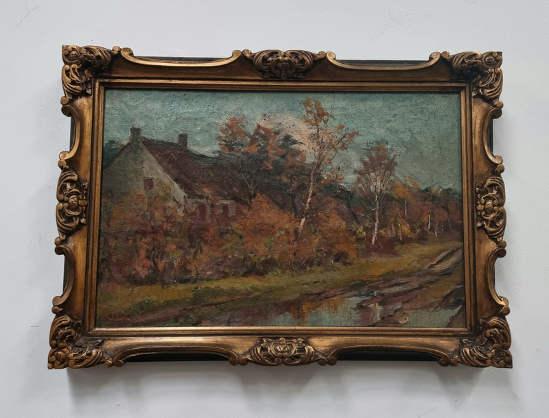 French signed country scene oil on canvas in a lovely decorative frame. In good original condition.