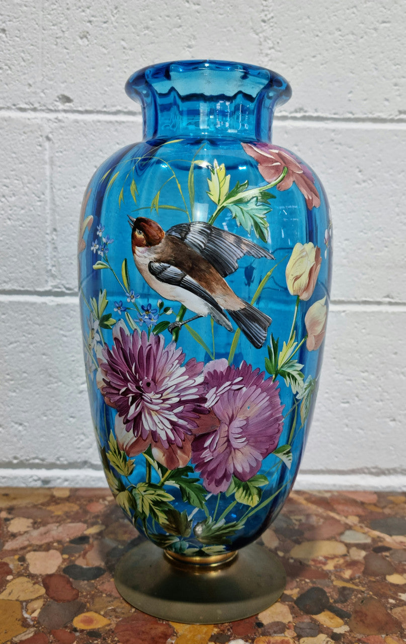 Decorative Victorian Enameled Hand Painted Blue Glass Vase "Bird and Flower Scene" | Antique & Vintage | Moonee Ponds Antiques | Australia Wide Delivery
