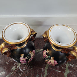 Pair Antique 19th century Paris porcelain Grecian style vases. Please view photos as they help form part of the description.