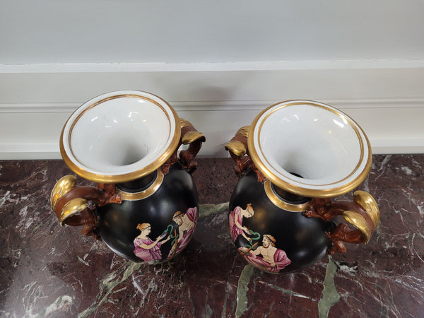 Pair Antique 19th century Paris porcelain Grecian style vases. Please view photos as they help form part of the description.