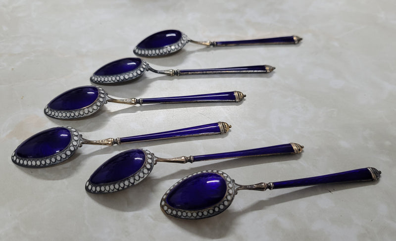 Stunning set of six 925 sterling silver and enamel spoons . In good original condition, please view photos as they help form part of the description.