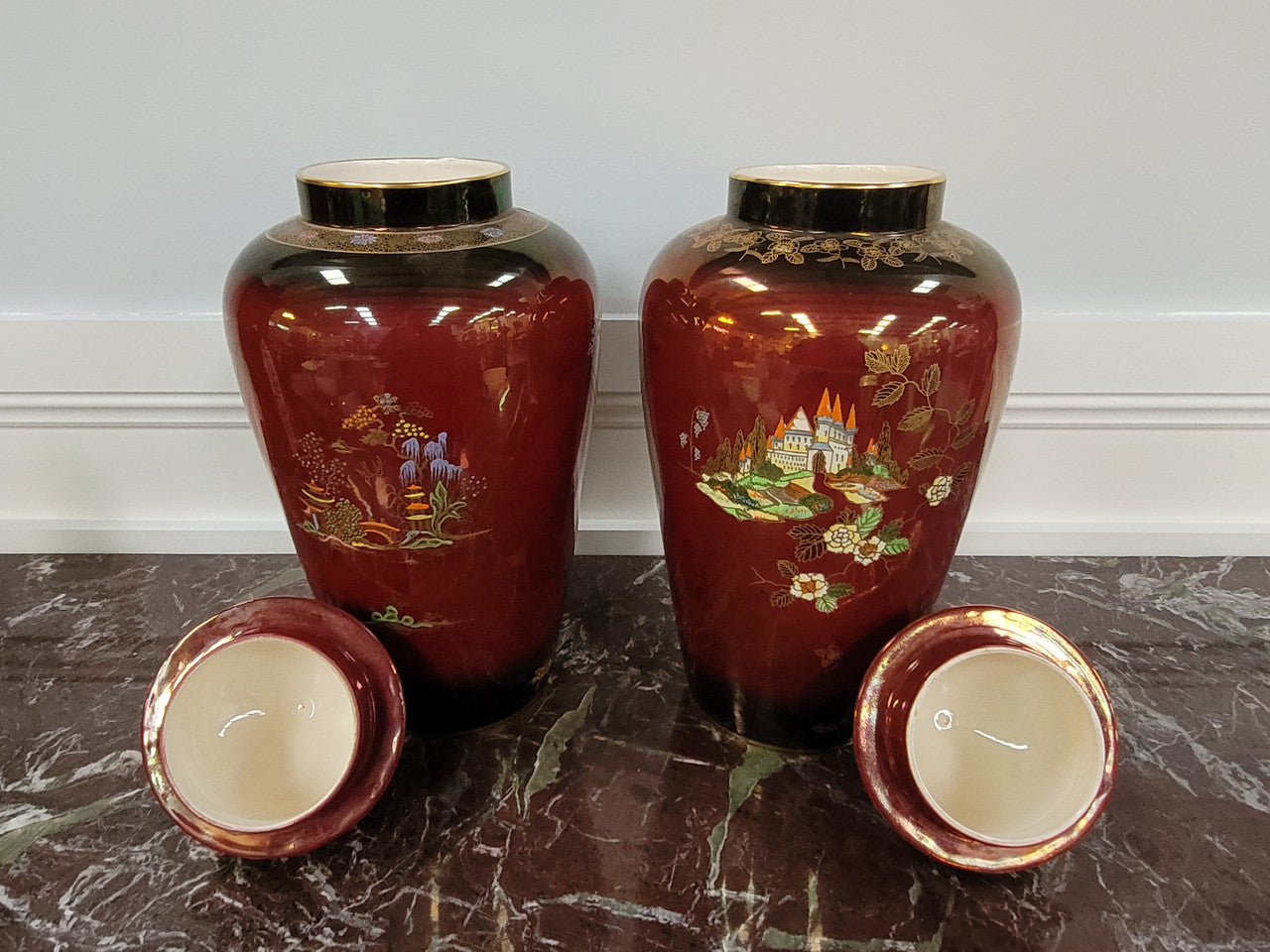 Matched Pair of Very Large Crown Devon Hand Painted Ruby Lustre Vases | Antique & Vintage | Moonee Ponds Antiques | Australia Wide Delivery