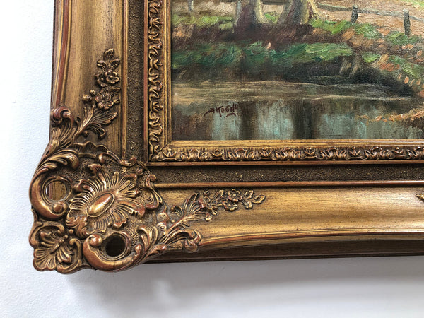 Sourced in france is this beautiful signed Dutch oil on canvas of a farm scene framed in a ornate frame. In good original condition.