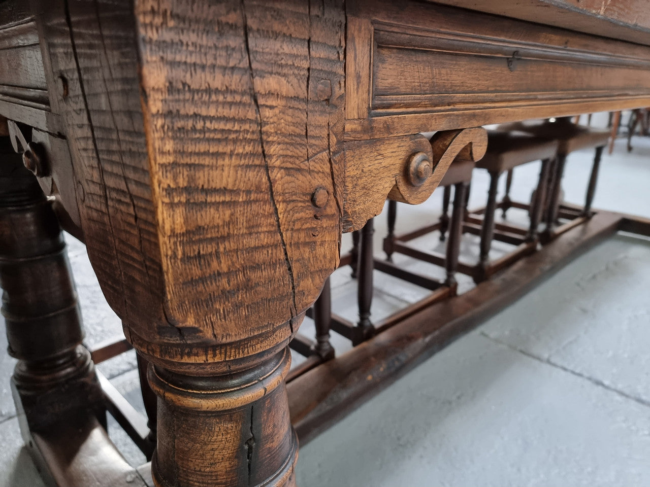 Amazing 3 Meter Dark Oak Farmhouse Dining Table With Set of 10 Leather Chairs | Antique & Vintage | Moonee Ponds Antiques | Australia Wide Delivery