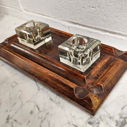 Edwardian Desk & Double Ink & Pen Holder on Wooden Stand.  Original Condition. It has been sourced from France and is in good original detailed condition.