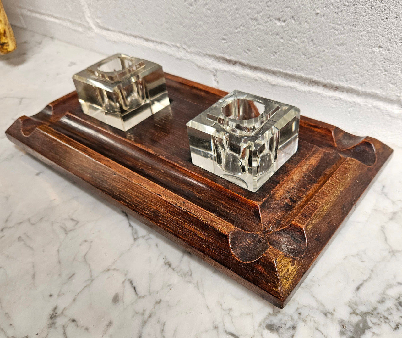 Edwardian Desk & Double Ink & Pen Holder on Wooden Stand.  Original Condition. It has been sourced from France and is in good original detailed condition.