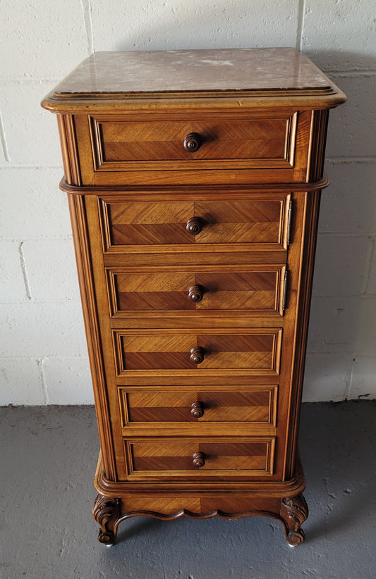 French Louis XV Walnut single side cabinet with inset marble top. Circa 1890 and in good original condition.