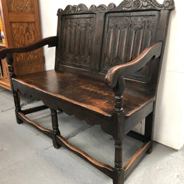 French 19th Century Oak hallway bench seat. Very comfortable to sit on and is in good original detailed condition.