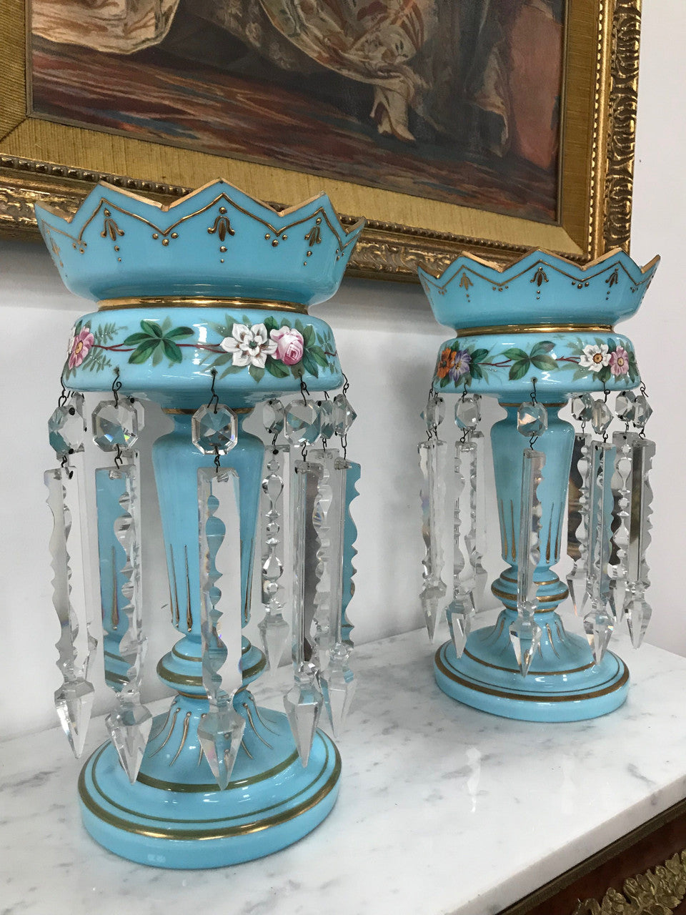 A Pair Of Victorian Blue Glass Lustres