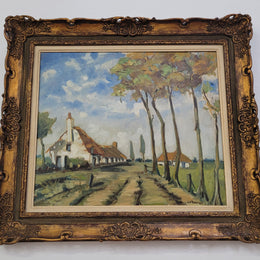 Impressionist style oil painting on canvas and on board of a farm scene. In an ornate gilt frame and in good original detailed condition.