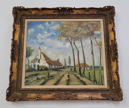 Impressionist style oil painting on canvas and on board of a farm scene. In an ornate gilt frame and in good original detailed condition.