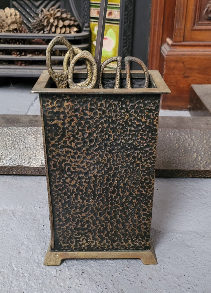Art Nouveau five piece fire tool set in decorative box. All tools are in original good used condition, please view photos as they help form part of the description.